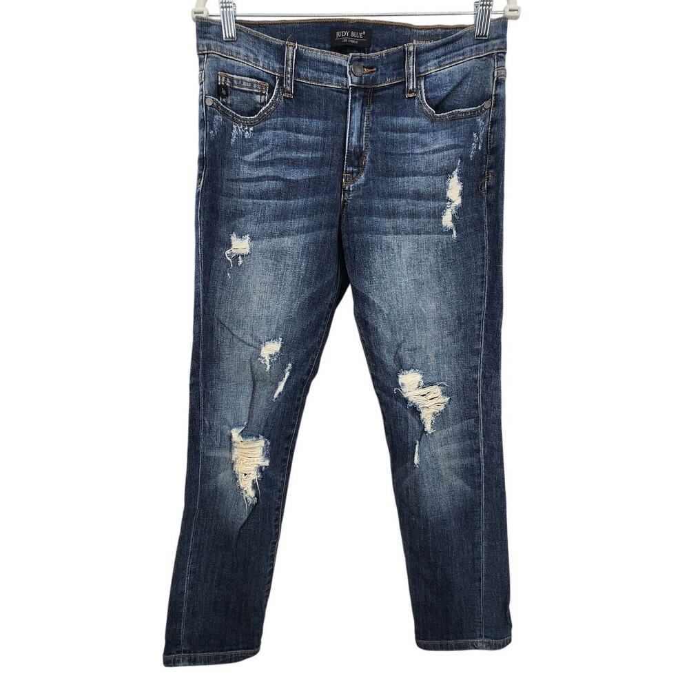 Judy Blue Boyfriend Fit Jeans 7/28 Destroyed Straight Cut Dark Wash‎